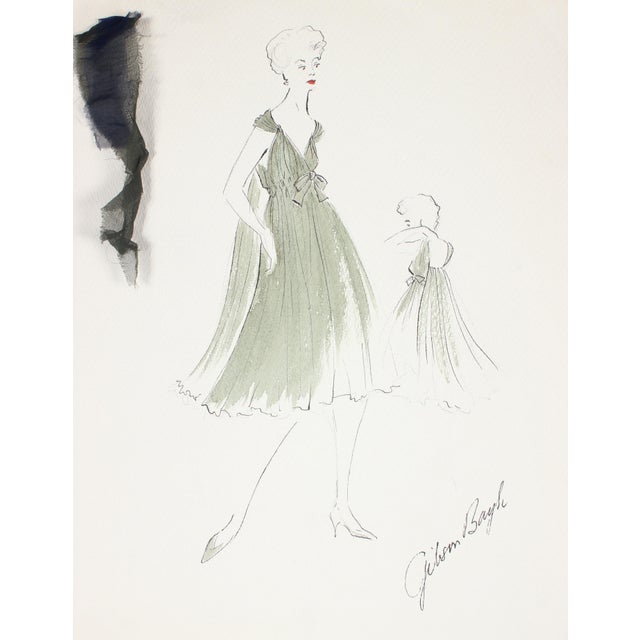 Flowy Olive Green Dress Gouache & Ink 1950's Fashion Illustration For Sale