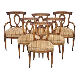 Vintage Italian Neoclassical Style Walnut Greek Key Dining Chairs - Set of 6 For Sale