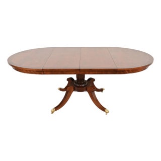 Baker Furniture Style Georgian Banded Mahogany and Burl Wood Pedestal Extension Dining Table, Newly Refinished For Sale