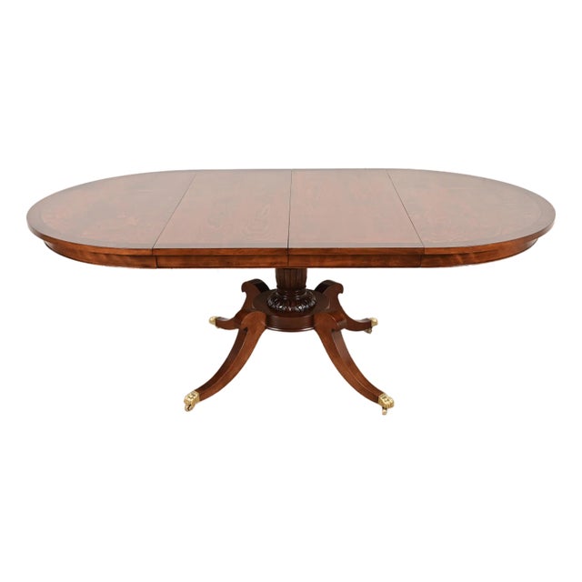 Baker Furniture Style Georgian Banded Mahogany and Burl Wood Pedestal Extension Dining Table, Newly Refinished For Sale