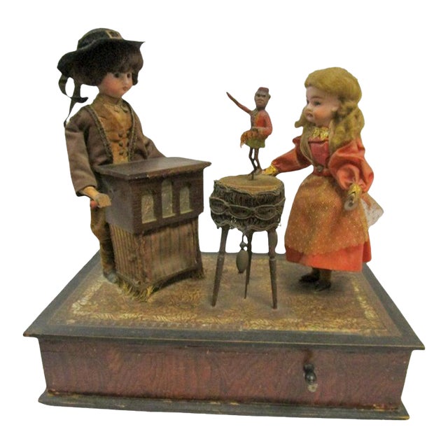 Automaton German Zinner & Sohn Musical Toy W Children & Organ Grinder Monkey For Sale