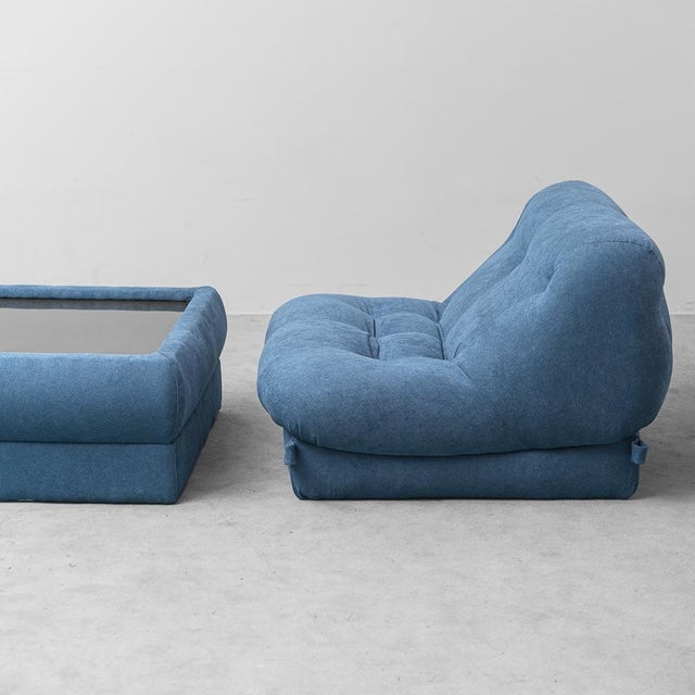 Glass Vintage Lounge Chairs with Coffee Table in Blue Fabric, 1970s, Set of 3 For Sale - Image 7 of 13