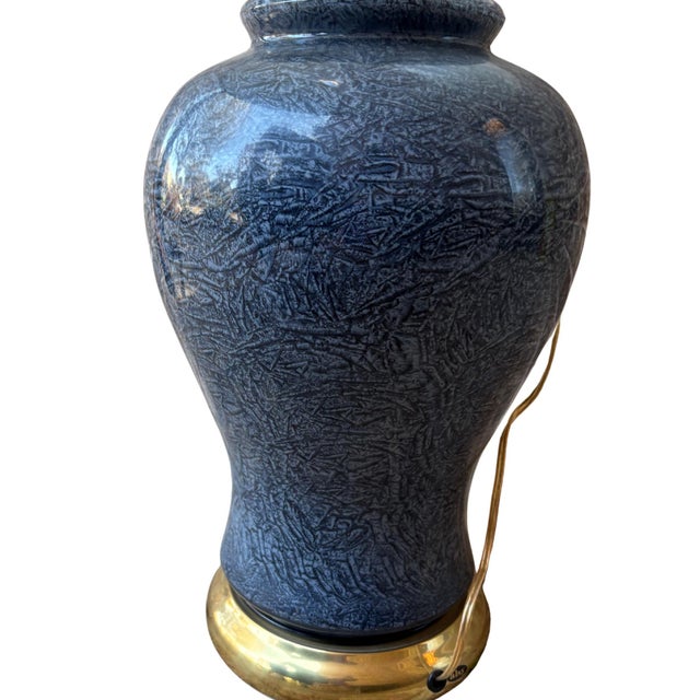 Metal Vintage Alys Textured Blue Ceramic Table Lamp With Brass Base, 1970s Mid-Century Modern For Sale - Image 7 of 10