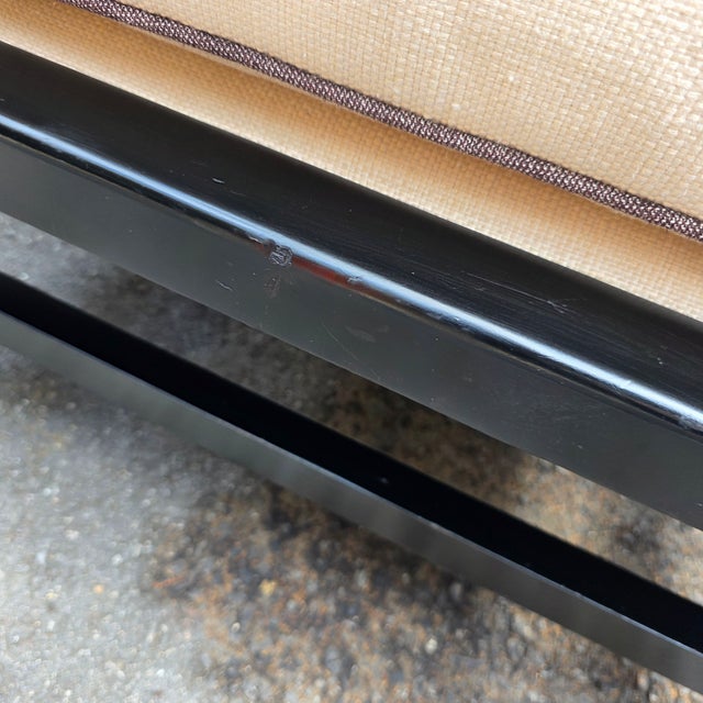 Black Pair of Baker Furniture Black Lacquered Wood Frame Ottomans With Ivory Upholstered Cushions For Sale - Image 8 of 8