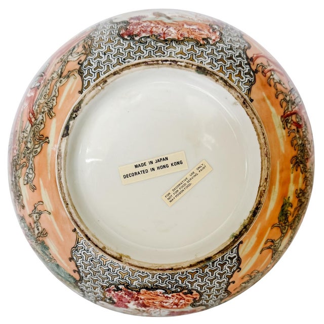 Lavender Late 20th Century Chinoiserie Porcelain Fox Hunt Punch Bowl With Carved Wood Stand For Sale - Image 8 of 8