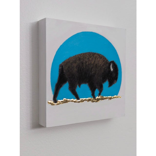 Contemporary Blue Sunset by Tammy Liu-Haller | Charcoal, pastel, ink, acrylic on encaustic panel with gold leaf Bison silhouette against a blue circle. For Sale - Image 3 of 3