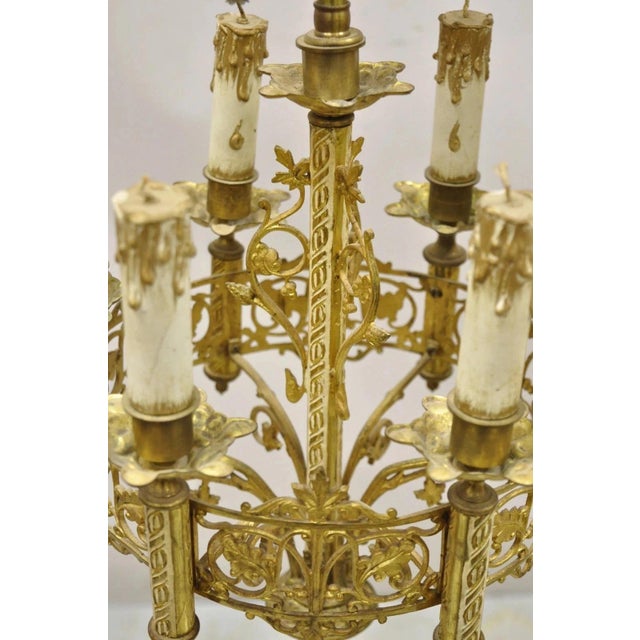 Early 20th Century Antique Gothic Revival Gold Bronze Figural Candelabra Table Lamps - A Pair For Sale - Image 5 of 11