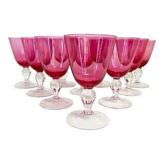 Vintage French Blown Glass Cerise Cut to Clear Wine Goblets - Set of 10 For Sale
