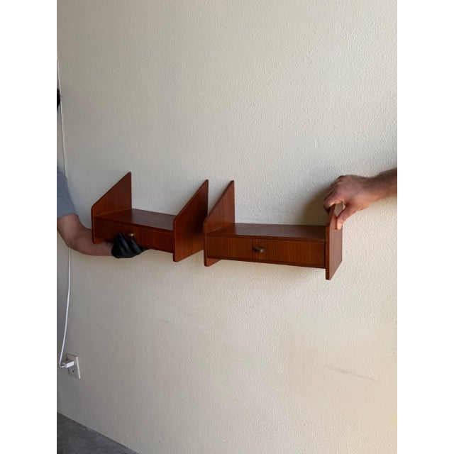 Wood Pair of Danish Teak Floating Nightstands — Mid-Century Modern Wall-Mounted Bedside Tables, 1960s For Sale - Image 7 of 7