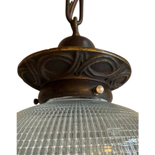 American Vintage Halophane Hanging Pendant Light Fixtures - Pair For Sale - Image 3 of 10