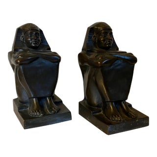 1920s Art Deco Egyptian Revival Bronze Figures of Pharaoh Bookends - a Pair For Sale