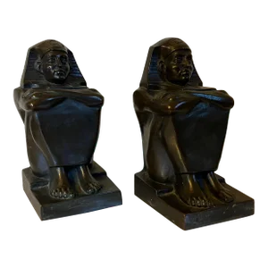 1920s Art Deco Egyptian Revival Bronze Figures of Pharaoh Bookends - a Pair
