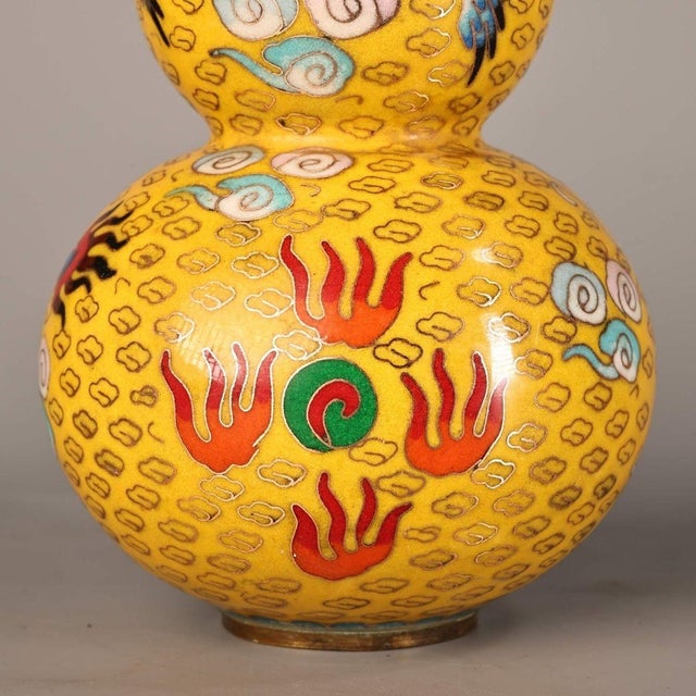 Chinese Vintage Chinese Yellow Cloisonné Dragon & Phoenix Double-Gourd Vase - 1300g For Sale - Image 3 of 10