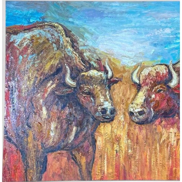 Oversized Mid-Century Western Expressionist Bison Buffalo Original Impasto Oil Painting Gallery Wrap Canvas This...