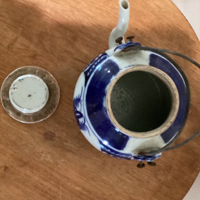 Ink Blue Antique Chinese Export Blue & White Porcelain Teapot W/Wire Bail Handles Qing Dynasty Stamped on Wood Base For Sale - Image 8 of 12