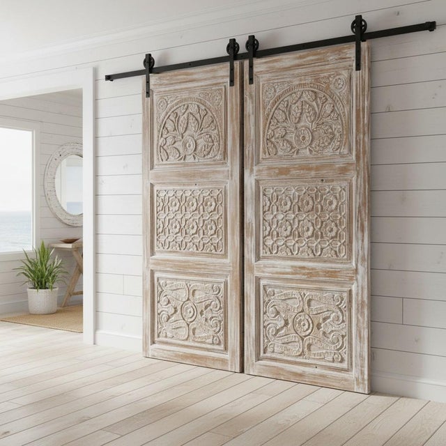 Vintage Hand-Carved Floral Whitewash Wood Sliding Door – Rustic Entry Barn Door 80x36 For Sale - Image 4 of 7