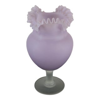 1970s Glass Vase Large 13" Victorian Purple Mouth Blown Frosted with Ruffle Top For Sale