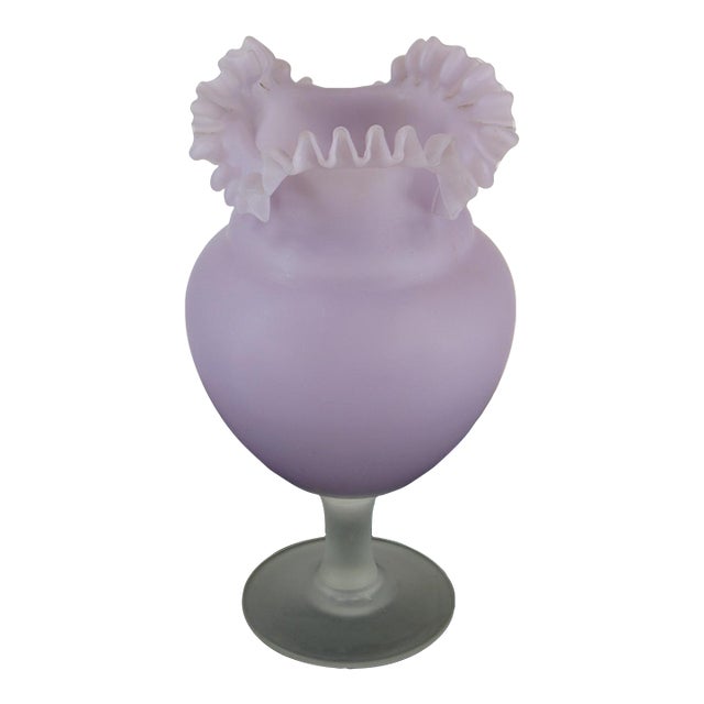 1970s Glass Vase Large 13" Victorian Purple Mouth Blown Frosted with Ruffle Top For Sale
