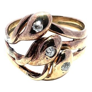 14k Yellow Gold Antique Triple Snake Ring With Old Euro Cut Diamonds, Size 9 For Sale