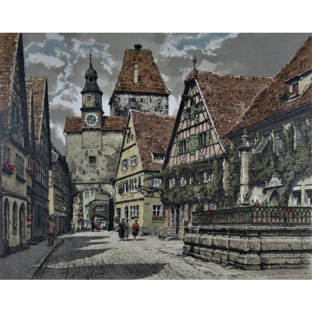 Artist: Hans Figura (Austrian, 1898-1978) Title: European Village Year: Circa 1950 Medium: Color etching with aquatint...