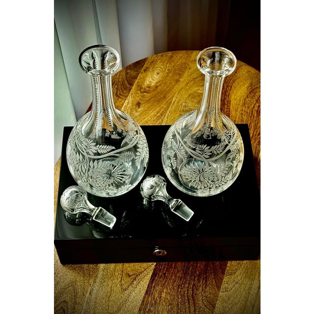 Victorian Stourbridge Fern Engraved Glass Decanters, 1880, Set of 2 For Sale - Image 3 of 17