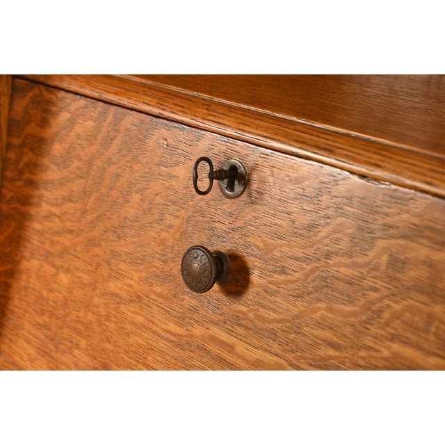 Antique Victorian Carved Oak Side-by-Side Bookcase With Drop Front Secretary Desk, Circa 1900 For Sale - Image 9 of 12
