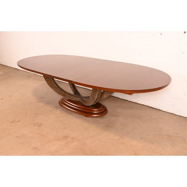 Art Deco Henredon Art Deco Ash and Burl Wood Parquet Top Pedestal Extension Dining Table, Newly Refinished For Sale - Image 3 of 15
