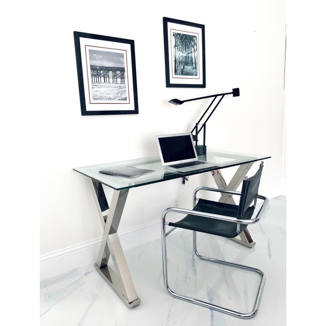 Modern Glass Desk Table With Silver Polish Chrome Cross Base Chairish