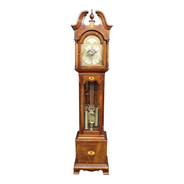Howard Miller “Taylor” Mahogany Grandfather Clock With Brass Dial & Triple Weights For Sale