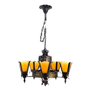 1930s Slip Shade Chandelier With Amber Glass Shades For Sale