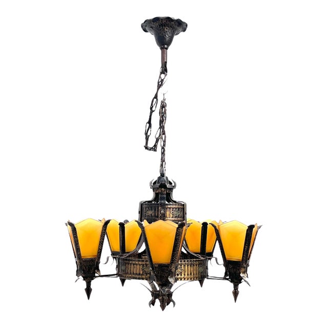 1930s Slip Shade Chandelier With Amber Glass Shades For Sale