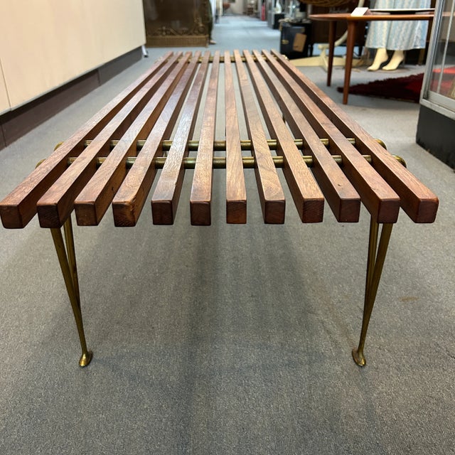 Mid-Century Modern 1960s Mid Century Brass + Walnut Slat Bench by Hugh Acton For Sale - Image 3 of 11