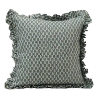 Fabdivine Ethnic Block Print Fril Cushion Cover Gray 16x16 Inch Pure Linen- Haryali For Sale