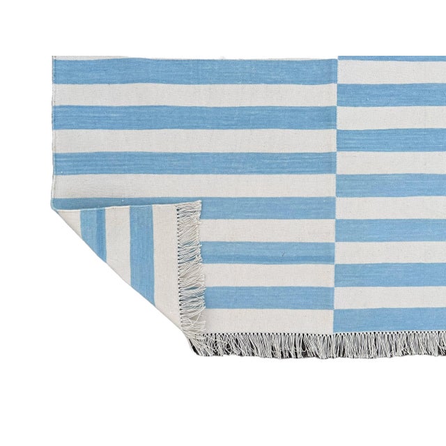 Casa Cosima Handmade Reversible Cotton Vegetable Dyed Blue and White Striped Rug-8'x10' For Sale - Image 4 of 11