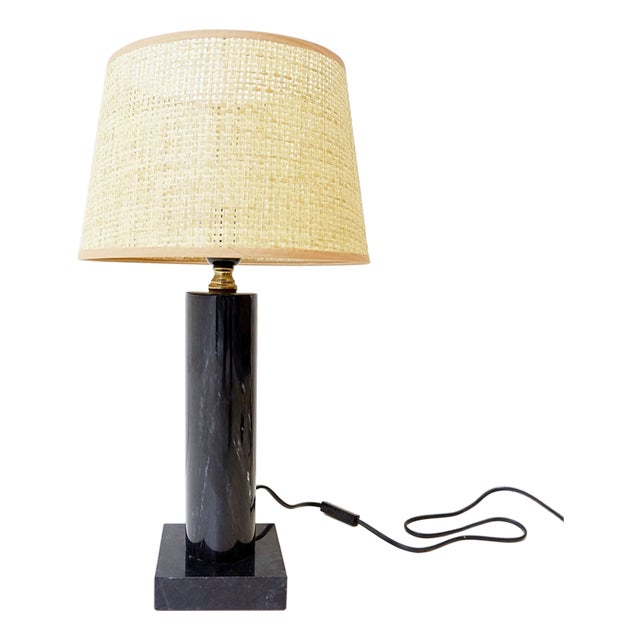 Table Lamp in Black Marble and Natural Raffia Lampshade For Sale
