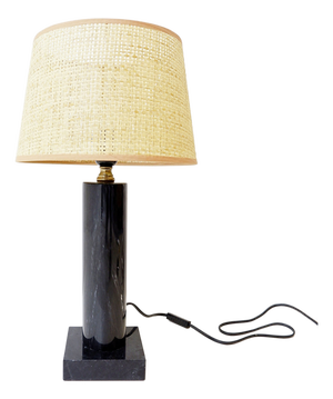Table Lamp in Black Marble and Natural Raffia Lampshade