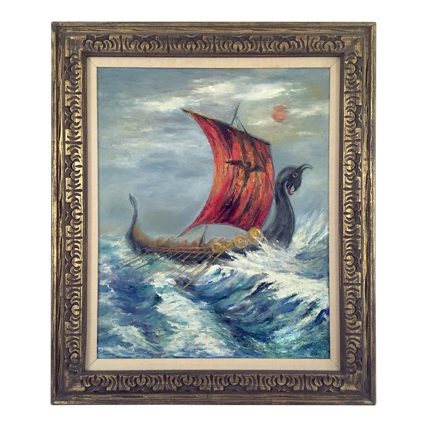 ヴィンテージ 油絵 アート hooked vintage RRL ラルフローレン Vintage Oil Painting of Viking Ship | Chairish