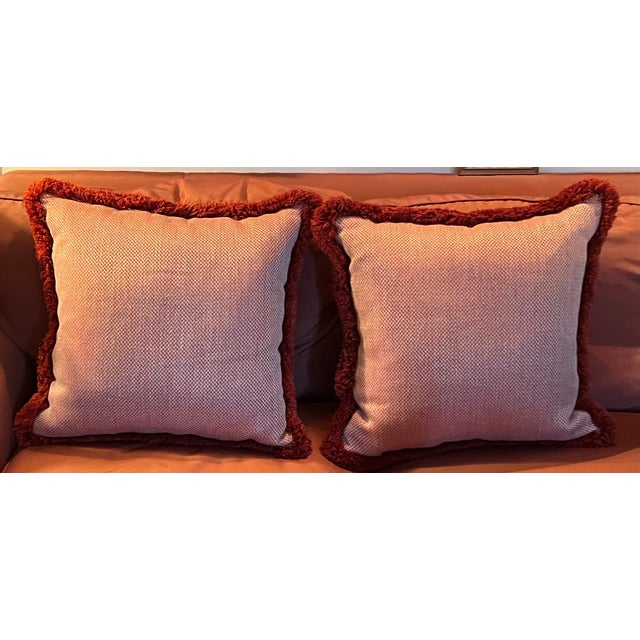 2020s Custom Red & White Woven Chevron Pillows With Passementerie Fringe Trim - A Pair For Sale - Image 5 of 10