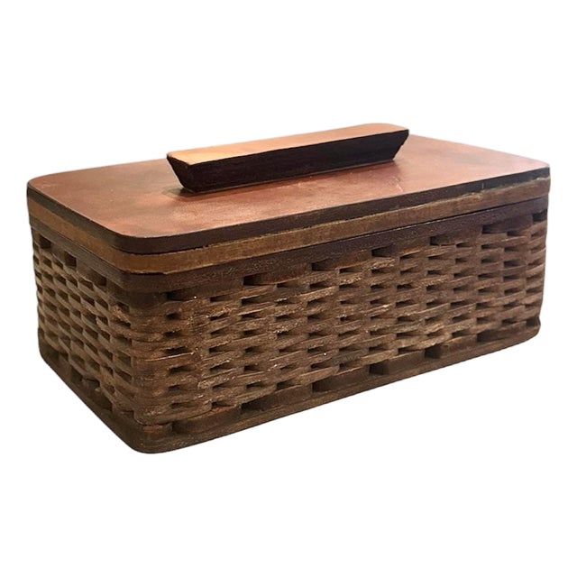 Vintage Woven Leather & Wood Parquet Lidded Trinket / Stash Box by Chas A. Schieren, New York Circa 1930 For Sale