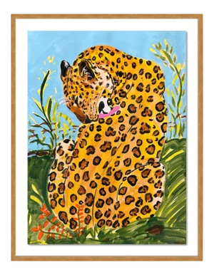 Licking Leopard by Jelly Chen in Gold Framed Paper, Small Art Print