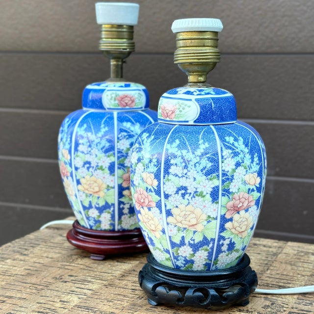 Vintage Petite Chinese Porcelain Ginger Jar Table Lamps in Blue & White Floral Motif - a Pair For Sale - Image 9 of 12