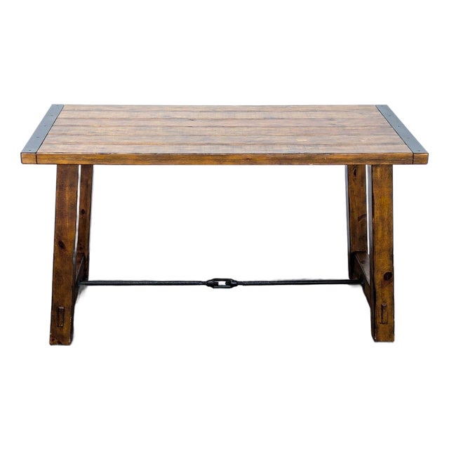 Pottery Barn Rustic Plank Wood Writing Desk With Metal Accents For Sale