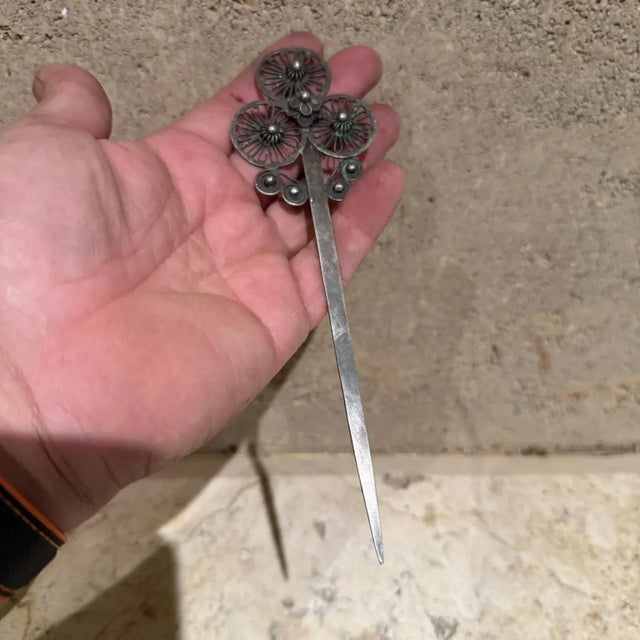 Metal Filigree Hair Pin Bobby Pin Silver Plated Letter Opener For Sale - Image 7 of 10