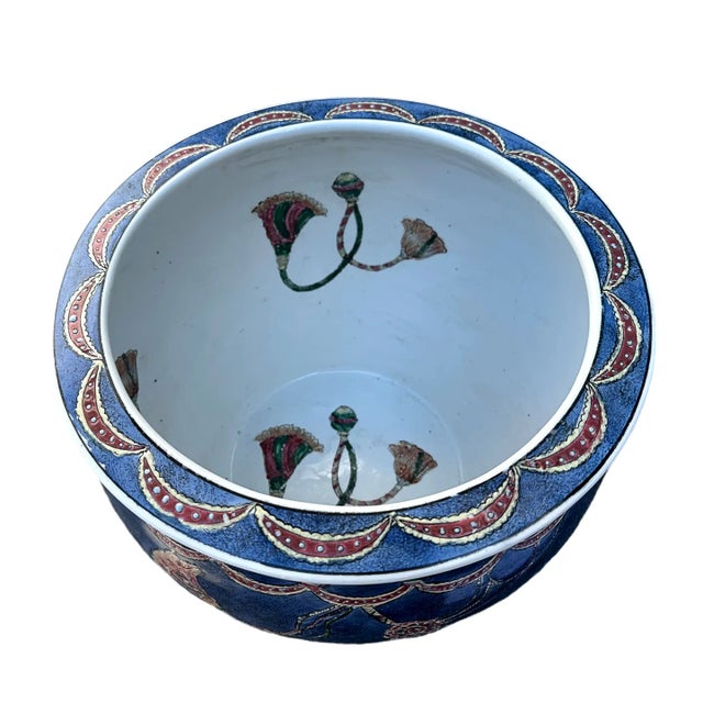 Vintage Chinoiserie Porcelain Koi Fish Bowl in Blue With Multi-Colored Tassel Design For Sale - Image 4 of 6