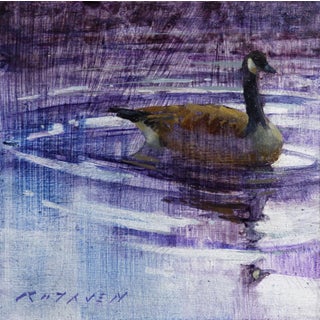 Concentric by Scott Ruthven | Oil on silver leaf panel of a goose on water For Sale