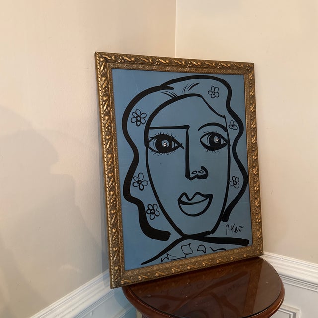 Blue 1970s Peter Keil Original Blue Abstract Portrait Painting, Framed For Sale - Image 8 of 10