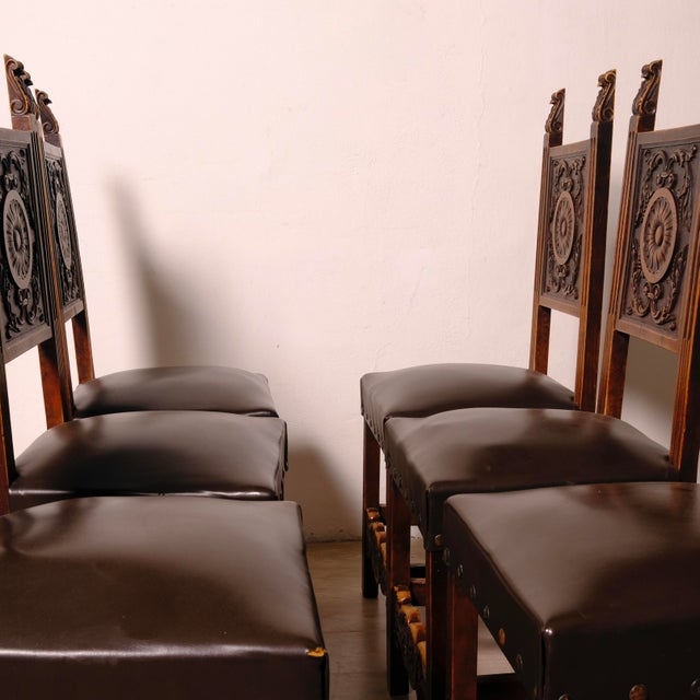 Brown Vintage Carved Wooden Chairs, 1920s, Set of 6 For Sale - Image 8 of 18