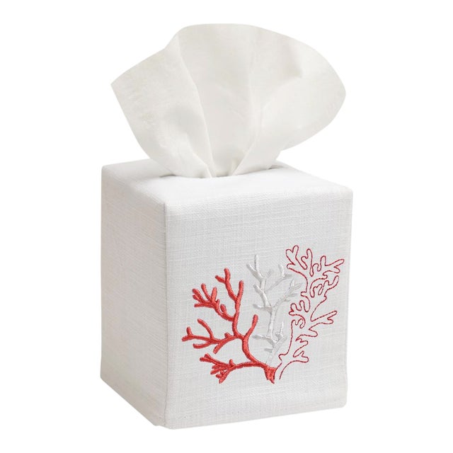 Red Coral Tissue Box Cover White Linen & Cotton, Embroidered For Sale