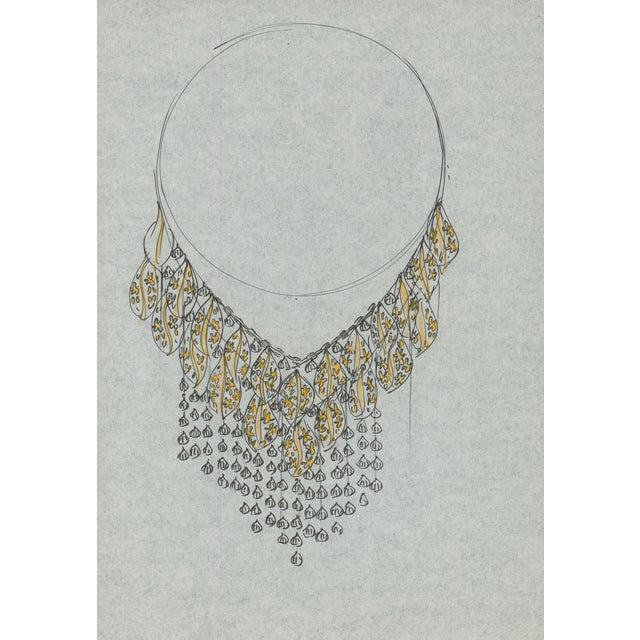 Hand-drawn necklace design with a broad bib of overlapping elongated teardrop/leaf forms, accented with small gold floral...