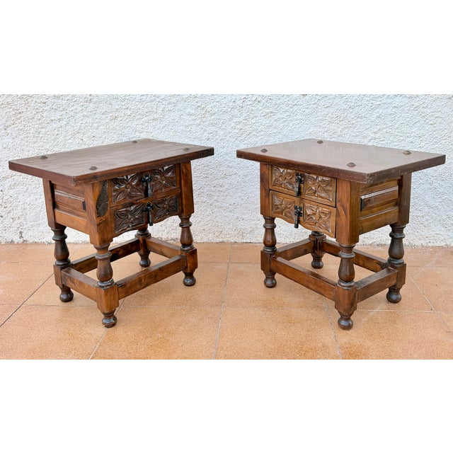 Mid 20th Century Pair of Spanish Carved Wood Bedside Tables With Floral Drawers, Mid-20th Century For Sale - Image 5 of 9